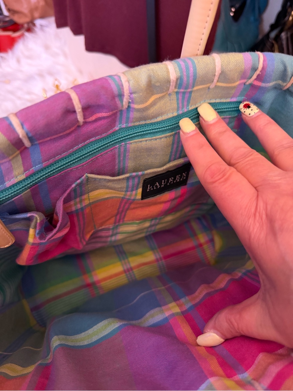 Ralph Lauren Pastel Plaid Woven Straw Tote with Leather Handles - Picture 5 of 5